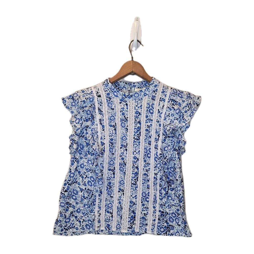 Veronica Beard Blue and White Sol Floral Ruffle High Neck Top Size 4 Cottagecore - Picture 3 of 11